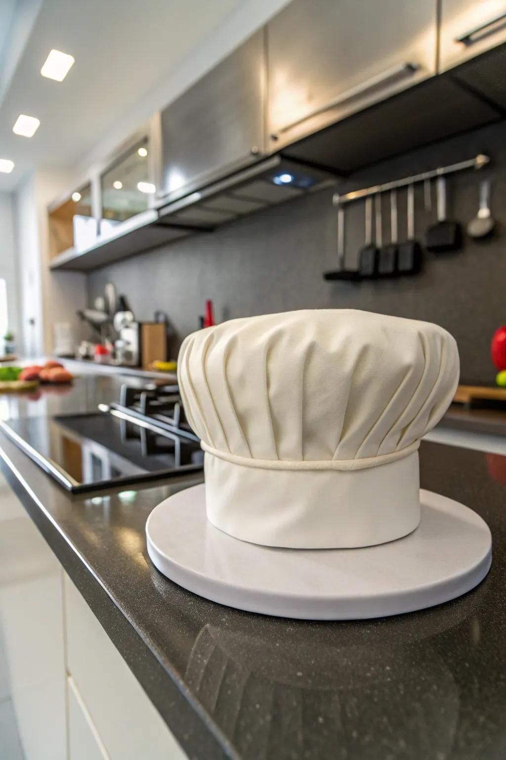 A cake crafted to resemble a traditional chef's hat, showcasing a pristine fondant finish.