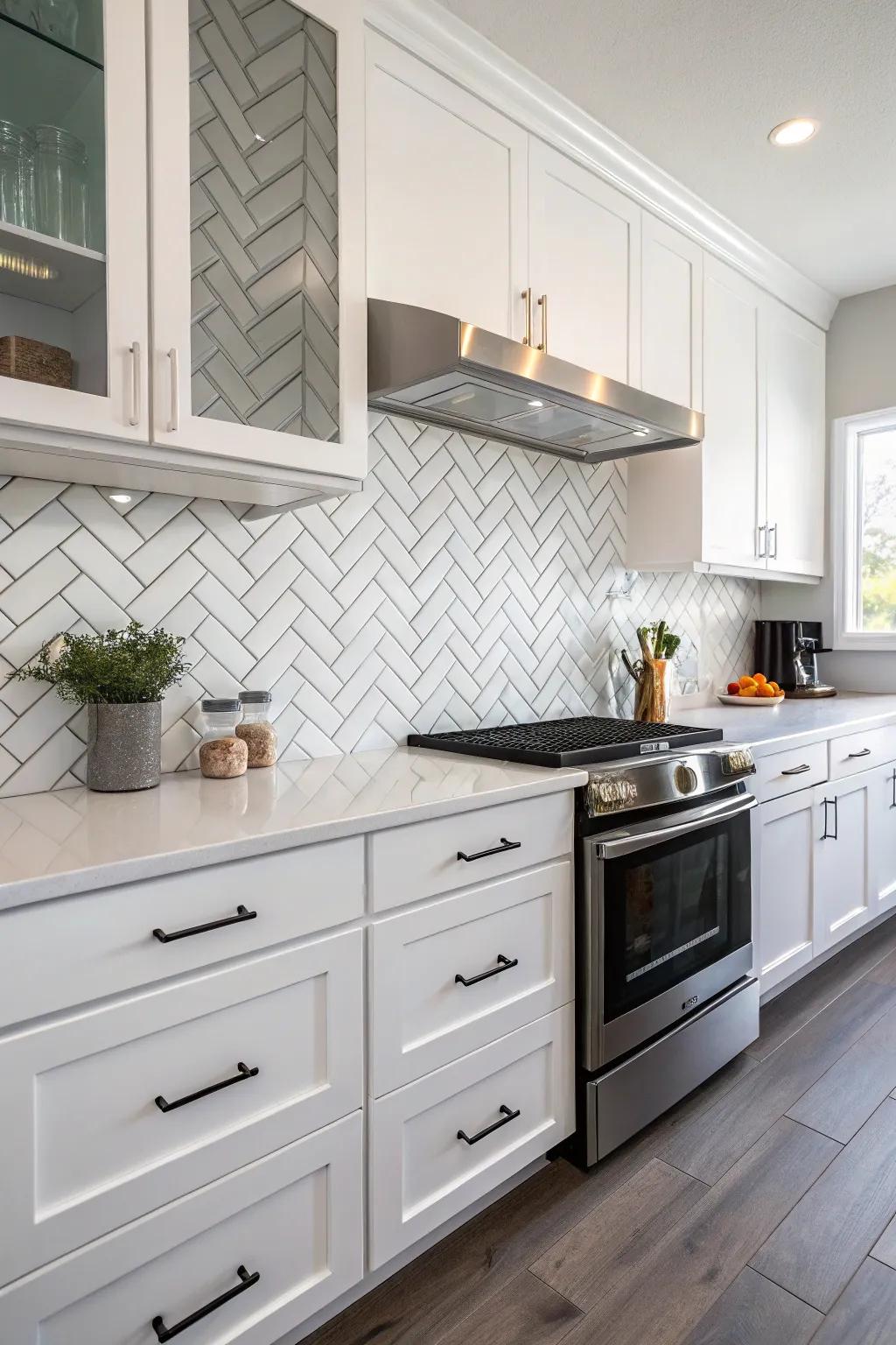 This kitchen is enhanced by a zigzag layout tile accent that combines design and utility with ease.