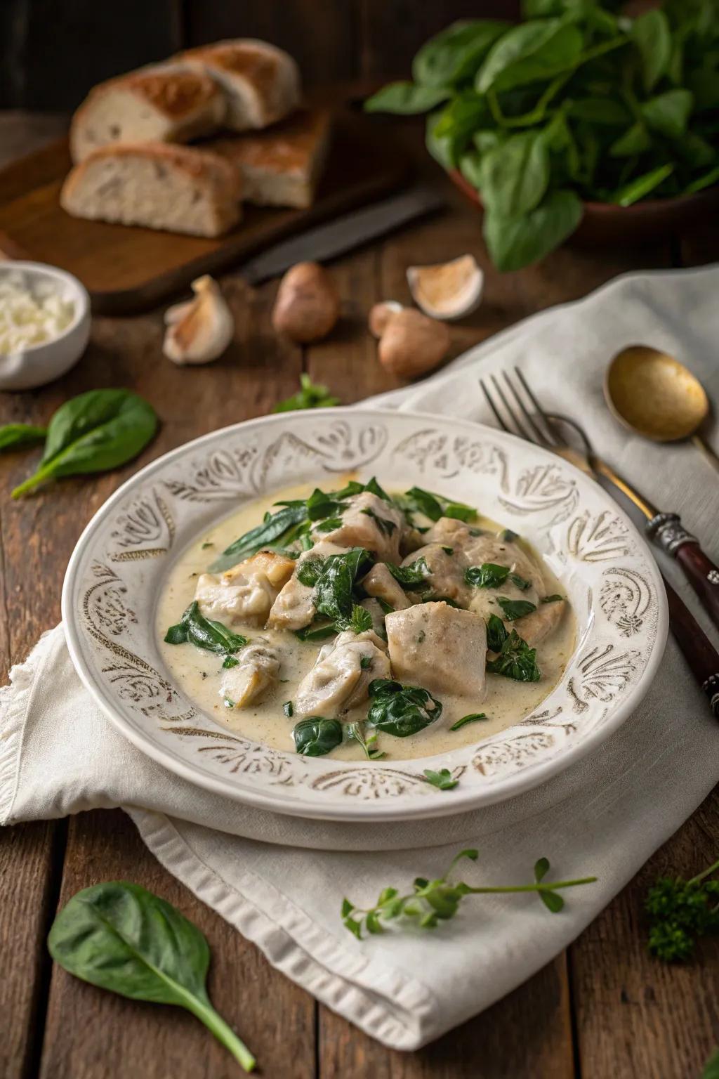 Velvety garlic chicken with spinach, a comforting dinner.
