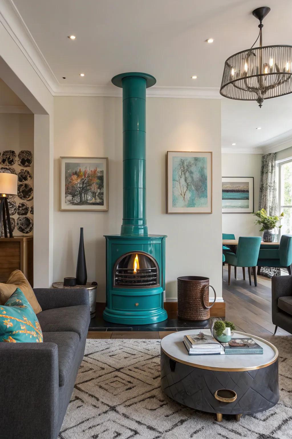 A striking cerulean chimney becomes an unforgettable focal point in this modern interior.