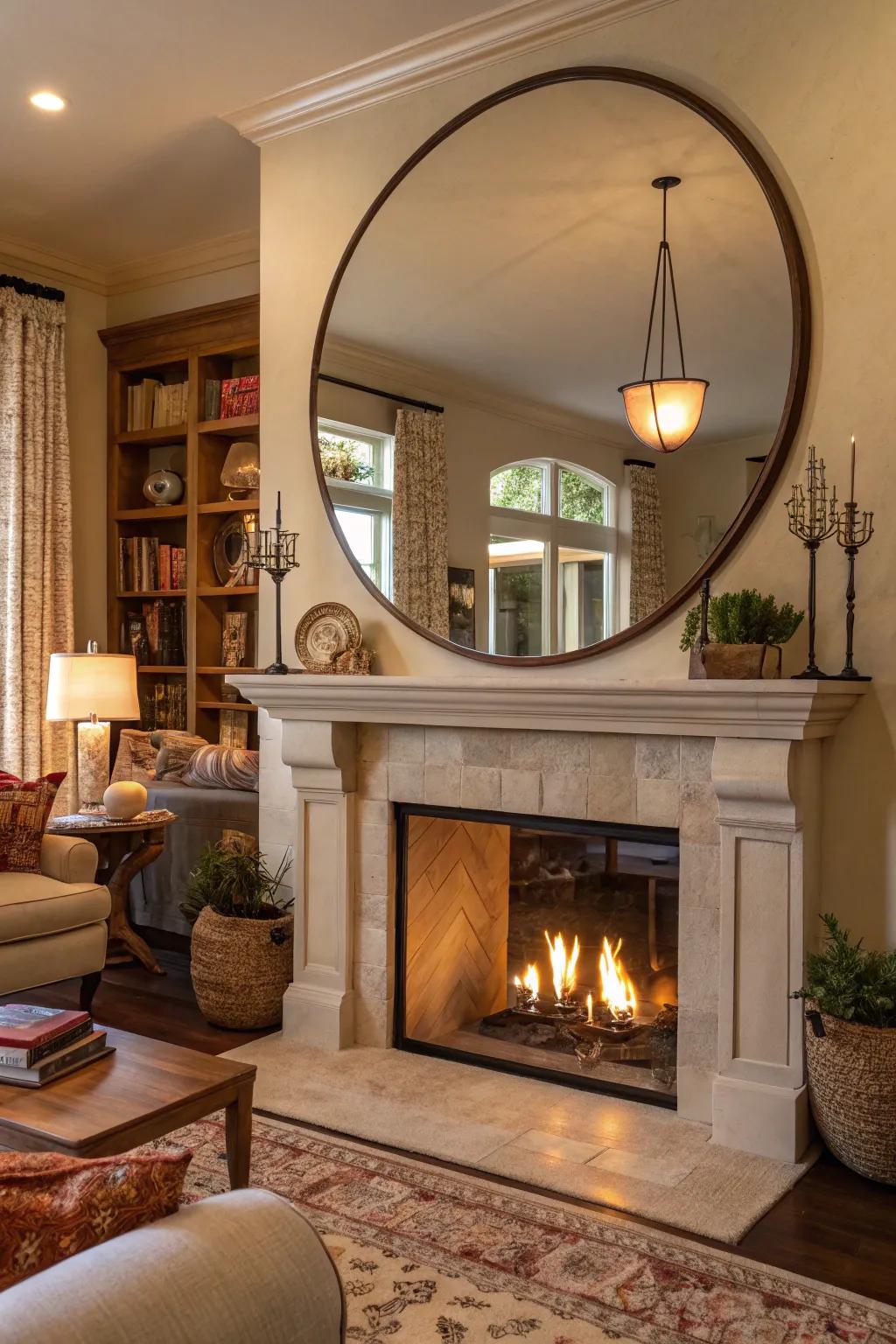 A circular mirror positioned above the fireplace expands the room, adding an element of understated elegance.