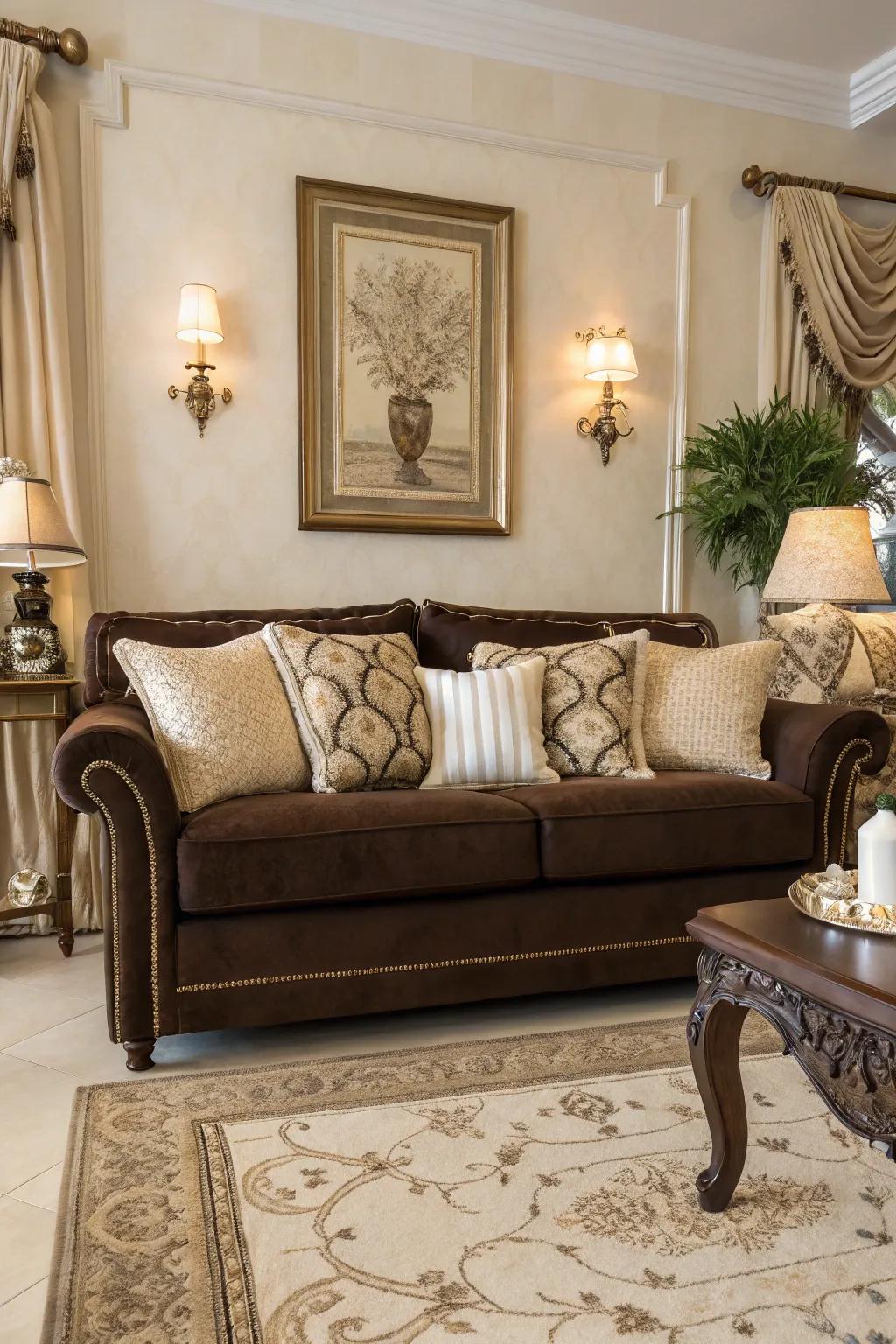 Toasty neutral tones embracing a cocoa sofa, crafting a serene and welcoming ambiance.