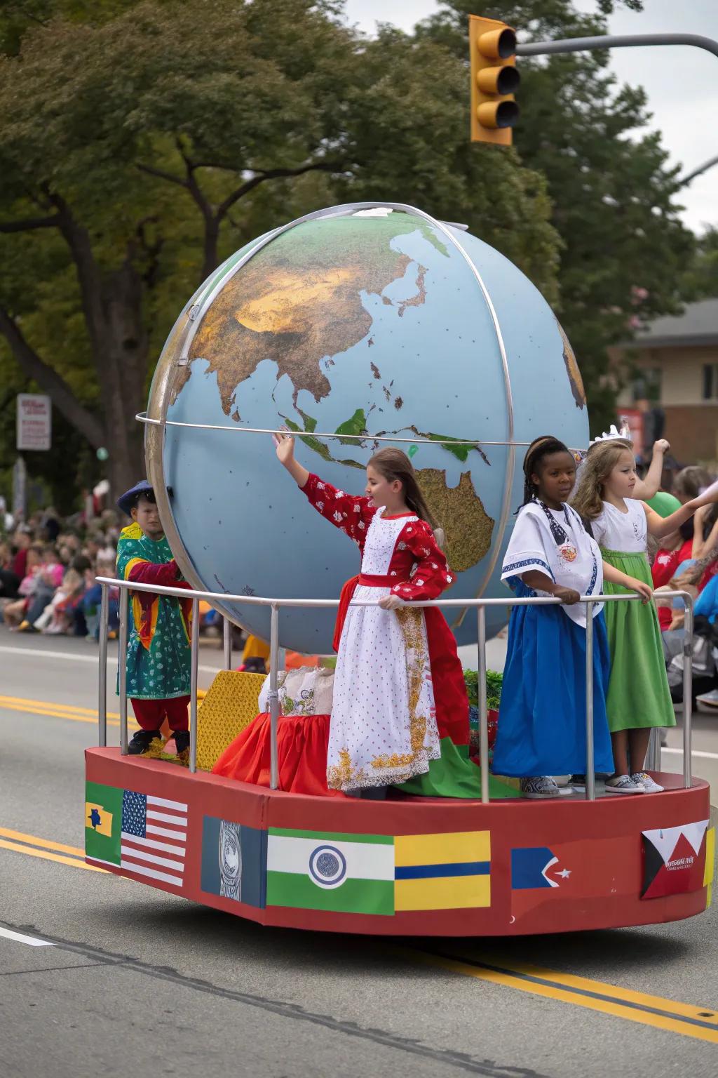 A float representing global harmony with a central globe and diverse cultural attire.