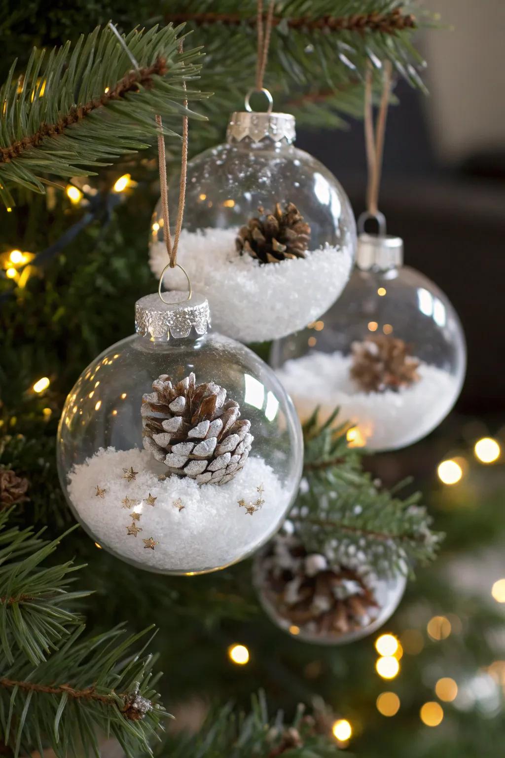 See-through decorations brimming with merry trinkets introduce a whimsical element.