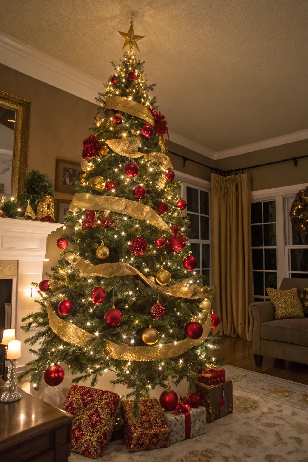 A quintessential red and gold Christmas bauble tree, impeccable for a heritage holiday scene.