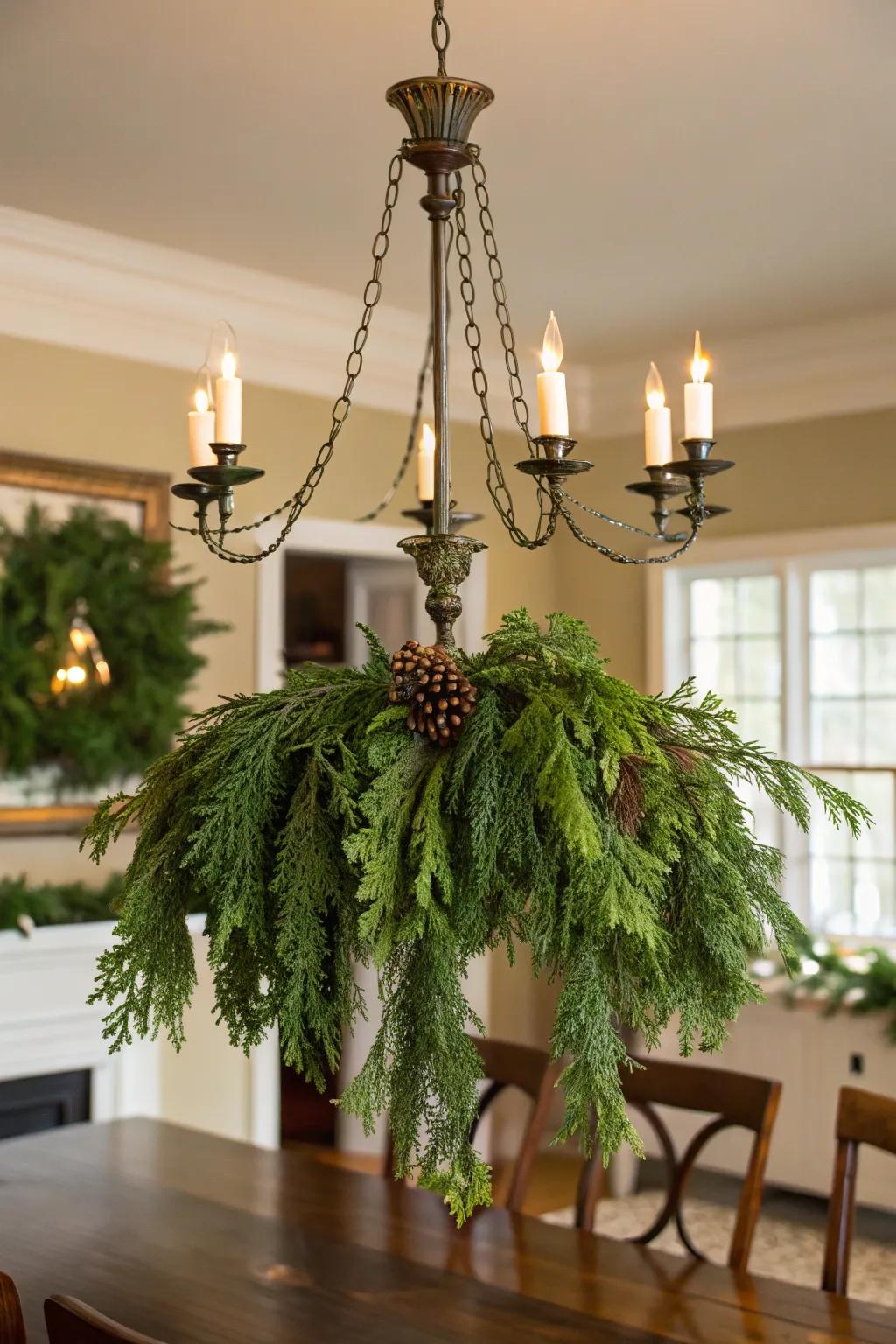 Evergreen boughs convert a chandelier into a celebratory attraction.