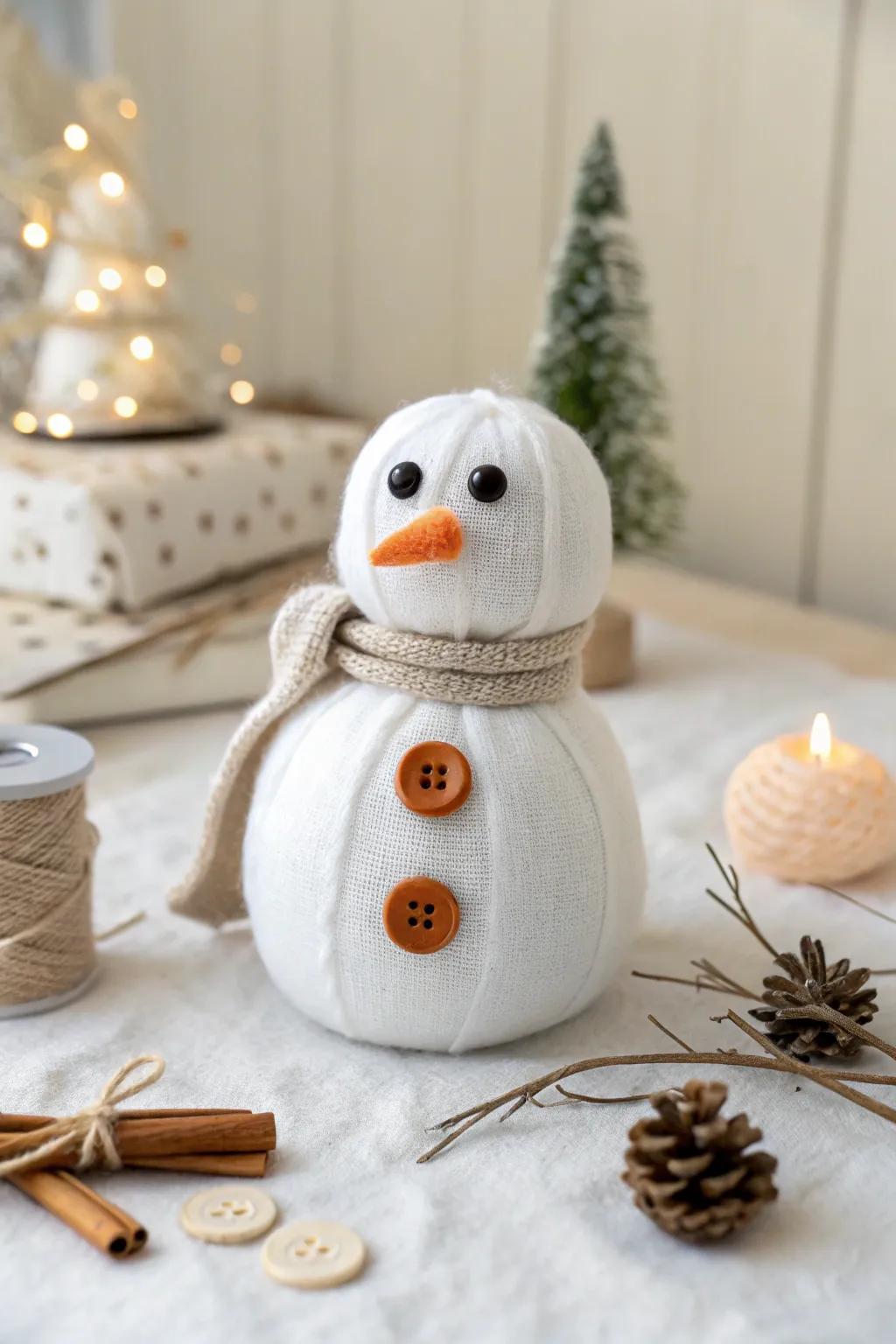 Embrace winter's enchantment with this delightful, hand-fashioned snow-figure — a flawless fusion of ease and sophistication for your Yuletide aesthetic.