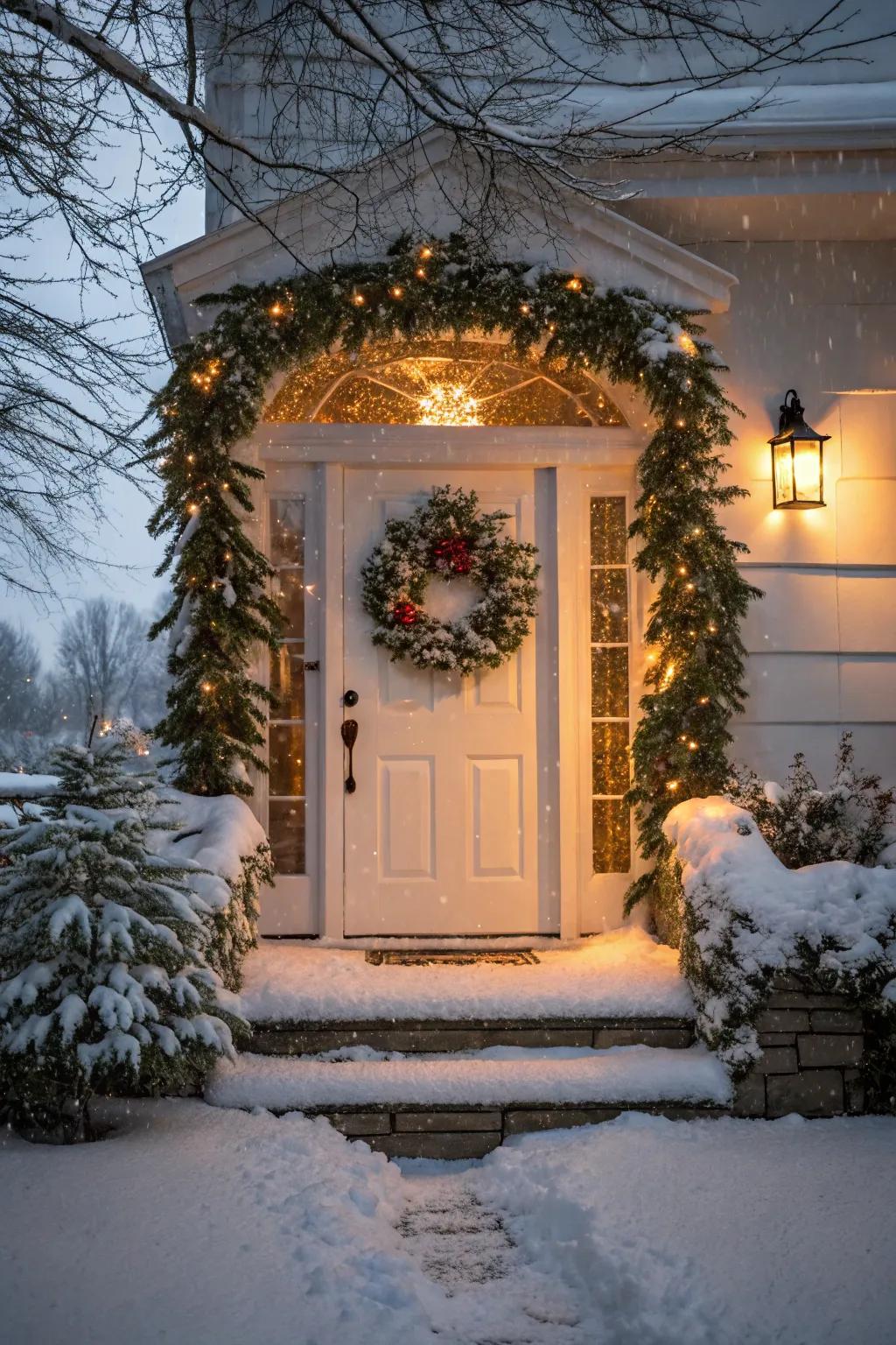 An inviting entryway enhanced with a festive evergreen circle and verdant chain.
