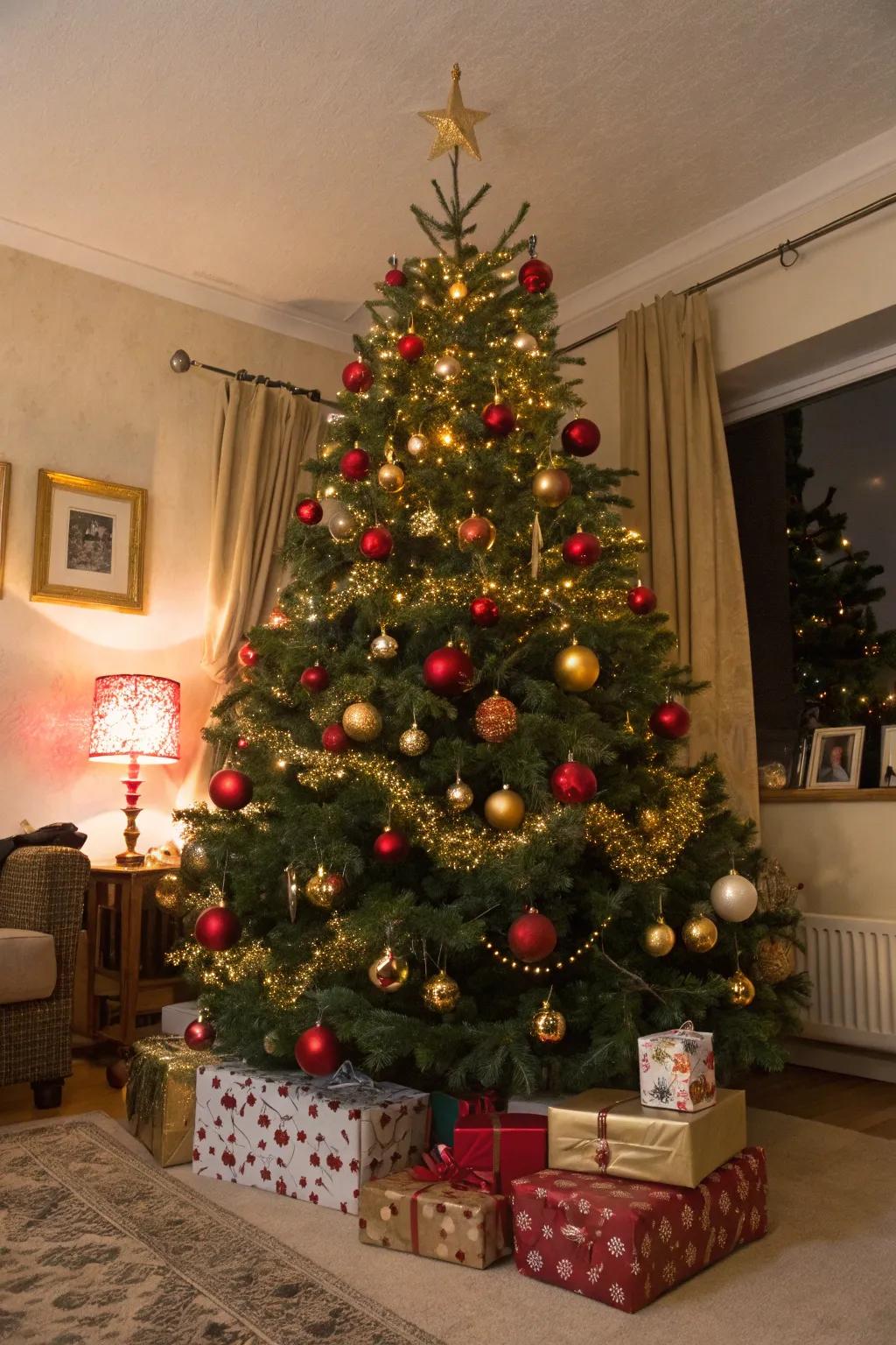 A traditional Christmas tree shimmering with golden and scarlet baubles.
