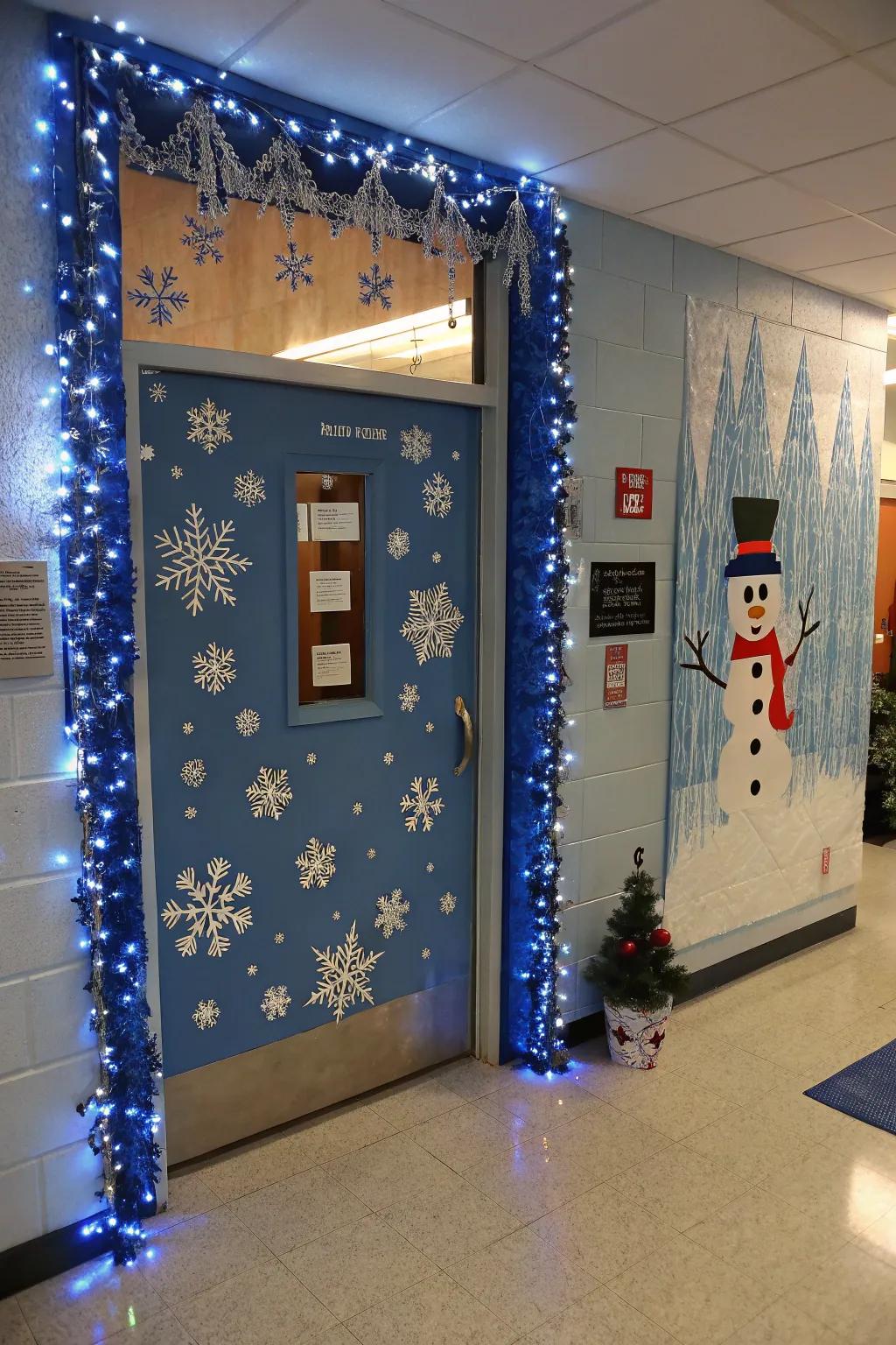 A school entryway transformed into a mesmerizing canvas of winter's allure.