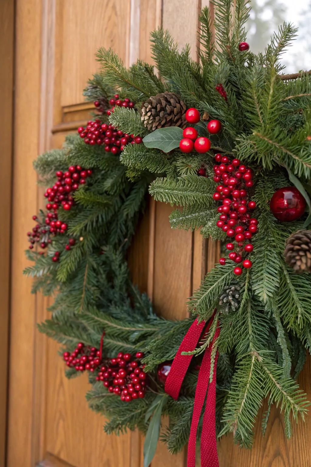 A timeless Christmas wreath featuring pine branches and vibrant red berries.
