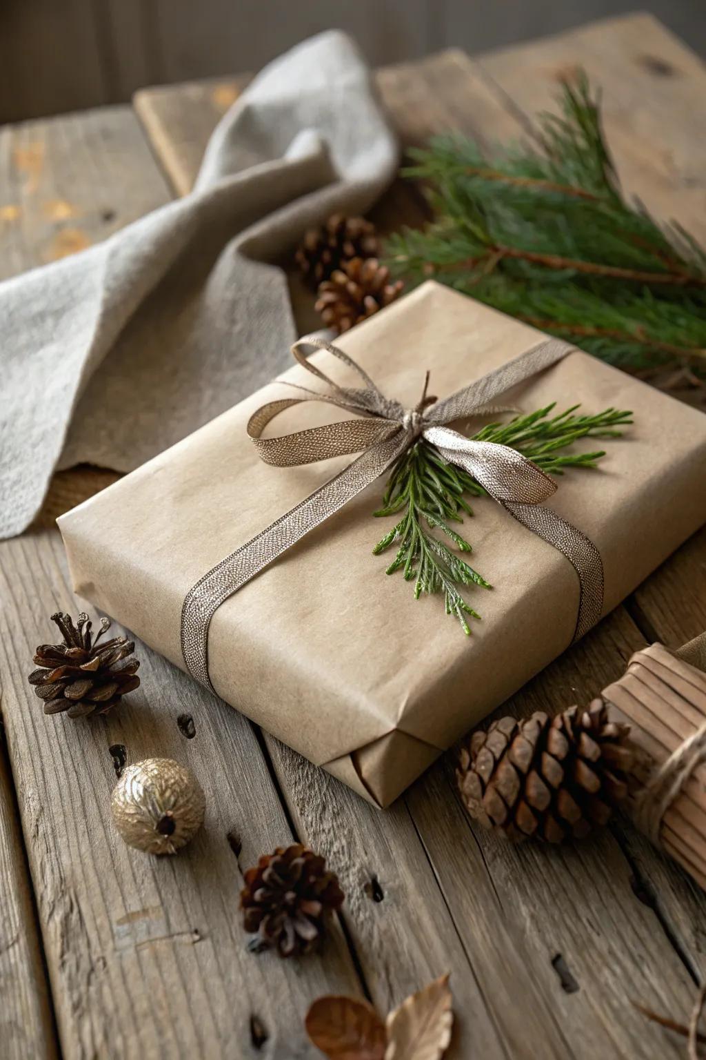 A stylish gift is wrapped in tan kraft paper and tied with a satin ribbon and an evergreen sprig.