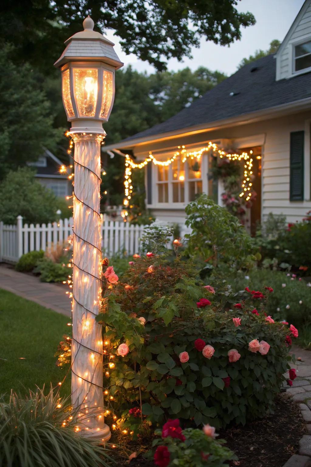 A lamp post beautifully swathed in shimmering Christmas lights.