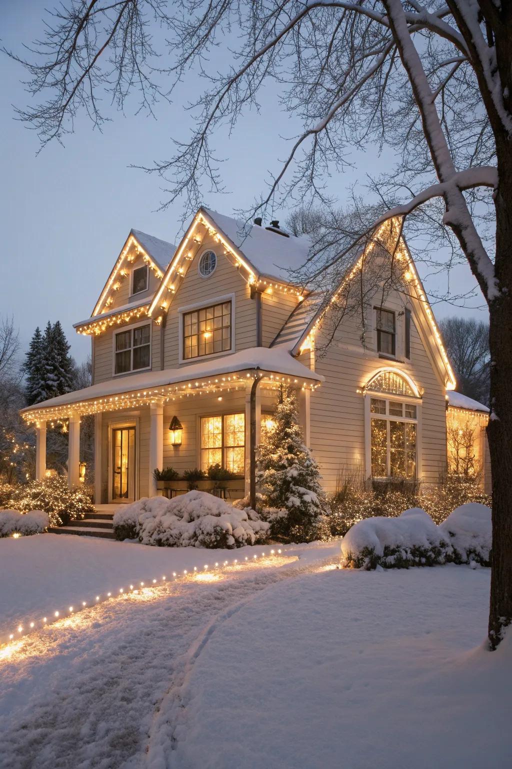A home with its architectural details beautifully outlined with festive lights.