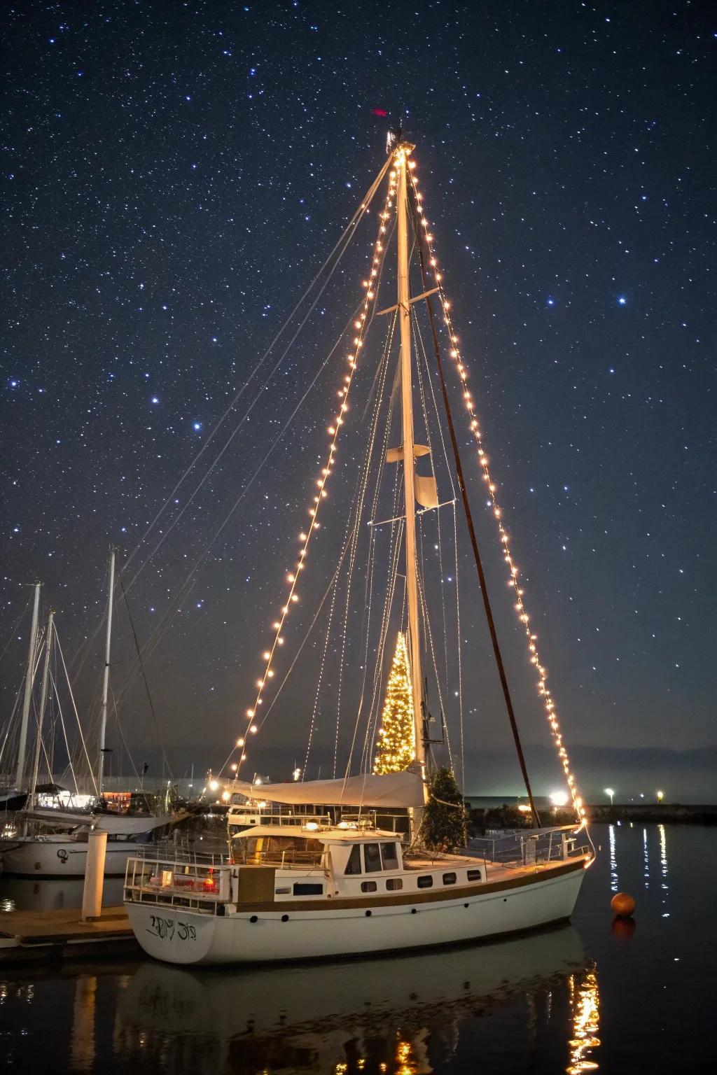 A sailboat's mast evolved into a captivating Christmas tree, radiant with sparkling illuminations.