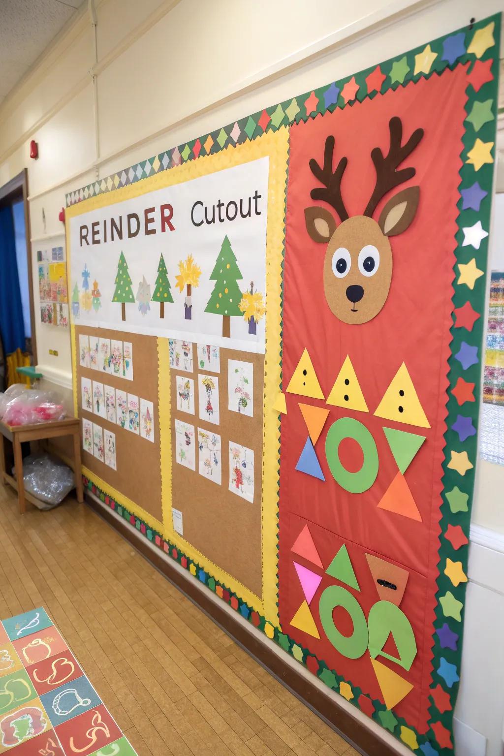 Classroom reindeer constructed from geometric forms.