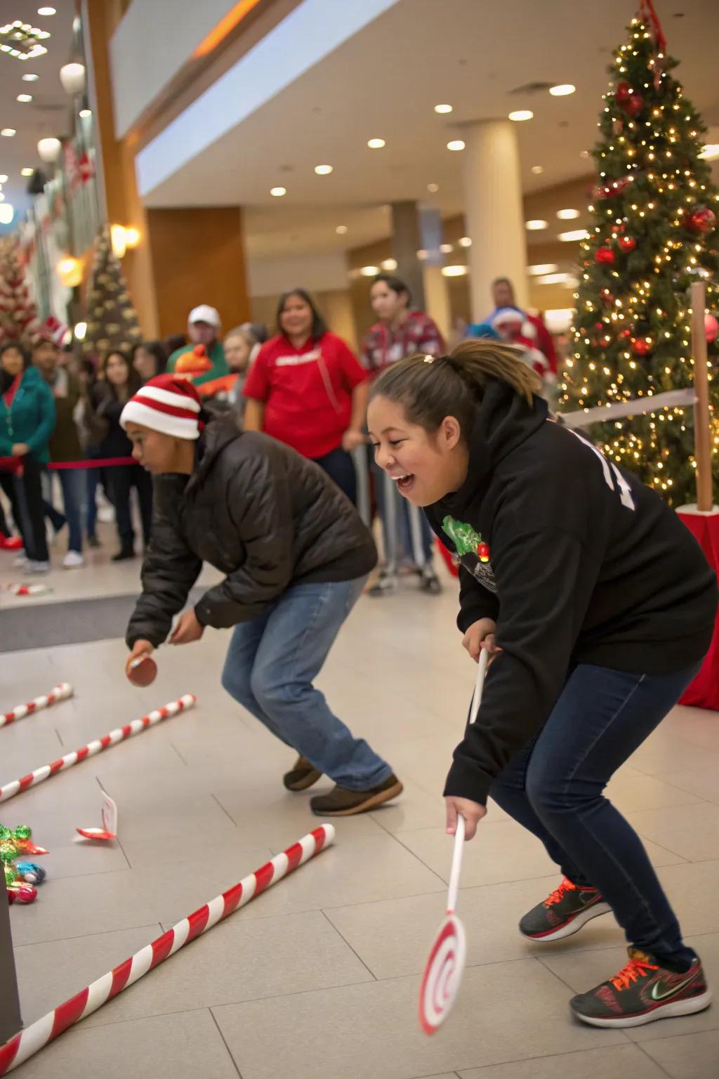 Contestants in a peppermint treat relay, demonstrating equilibrium amidst Yuletide festivity.