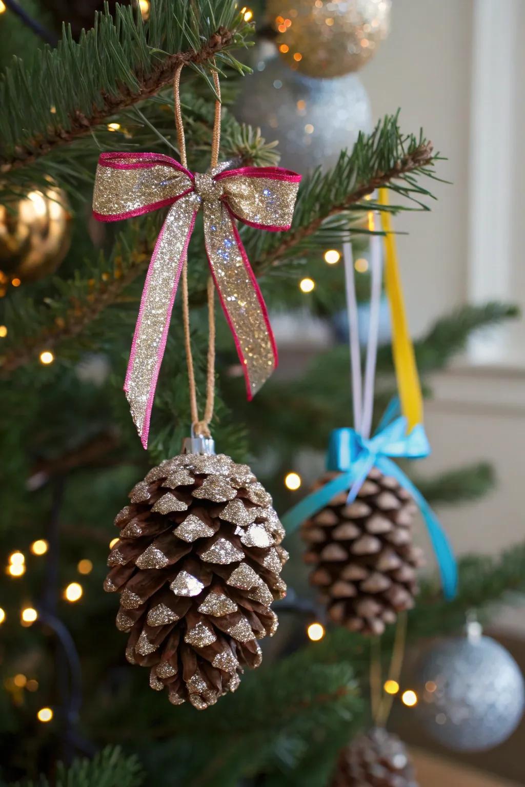 Pine cone ornaments adorned with glitter and ribbon on a Christmas tree.