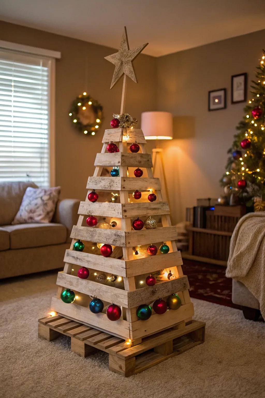 Fashion a rustic holiday centerpiece with a pallet Christmas tree.