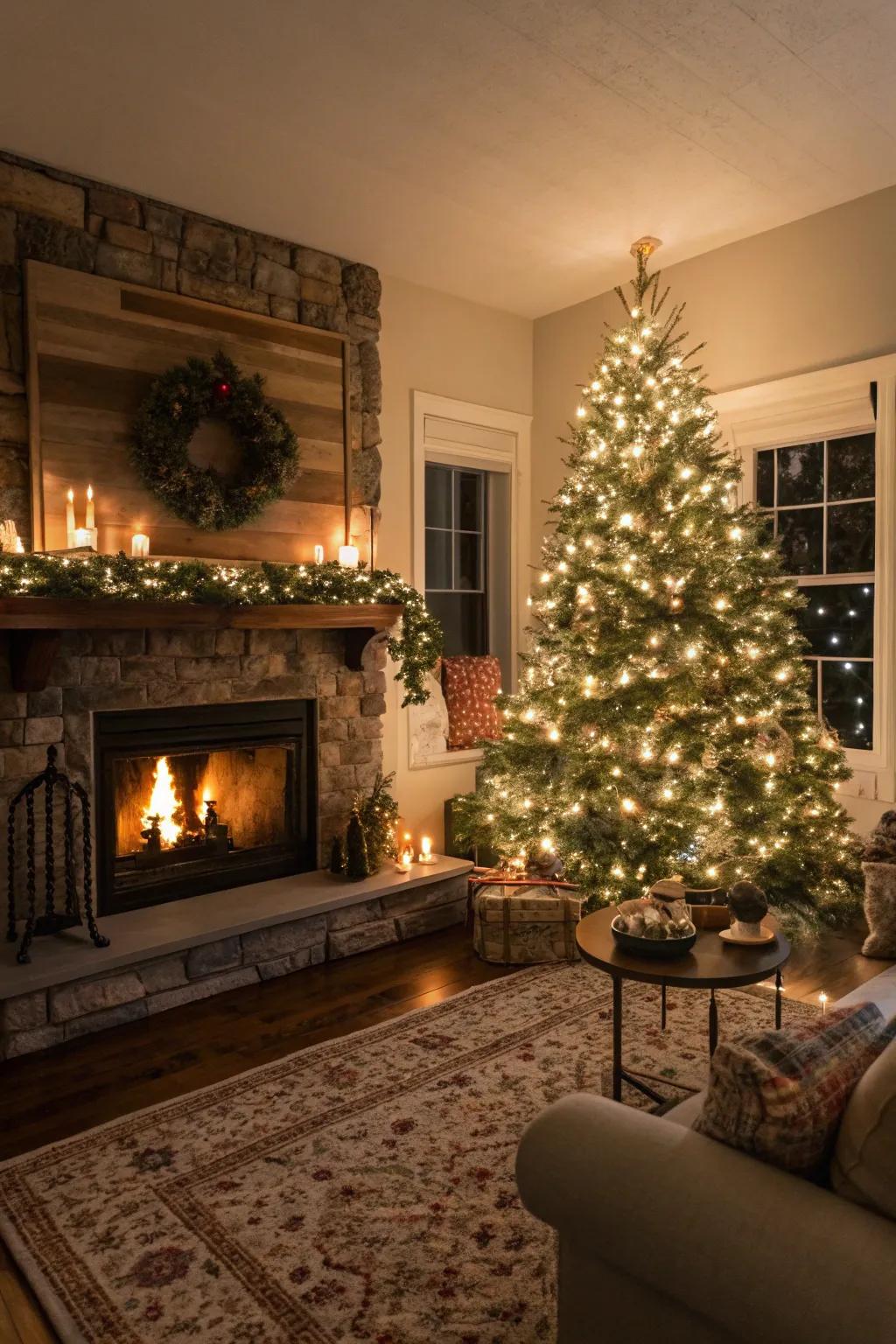A welcoming living area featuring a decorated Christmas tree and a radiant fireplace, perfect for memorable holiday snapshots.
