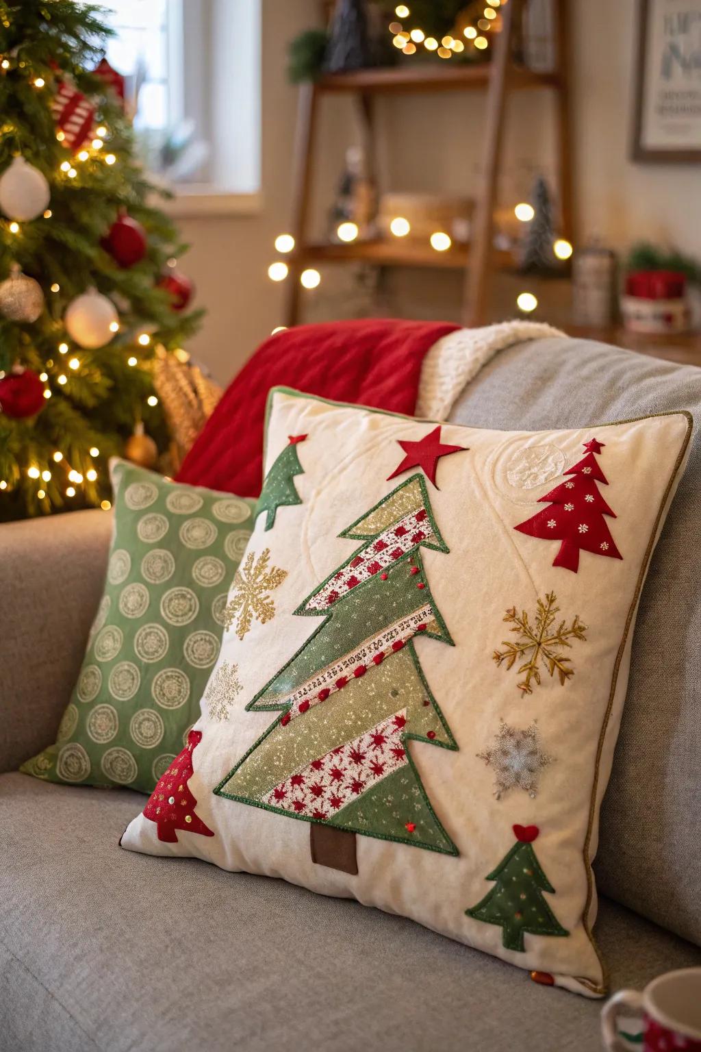 A charming handmade Evergreen Pillow graces the holiday ambiance.