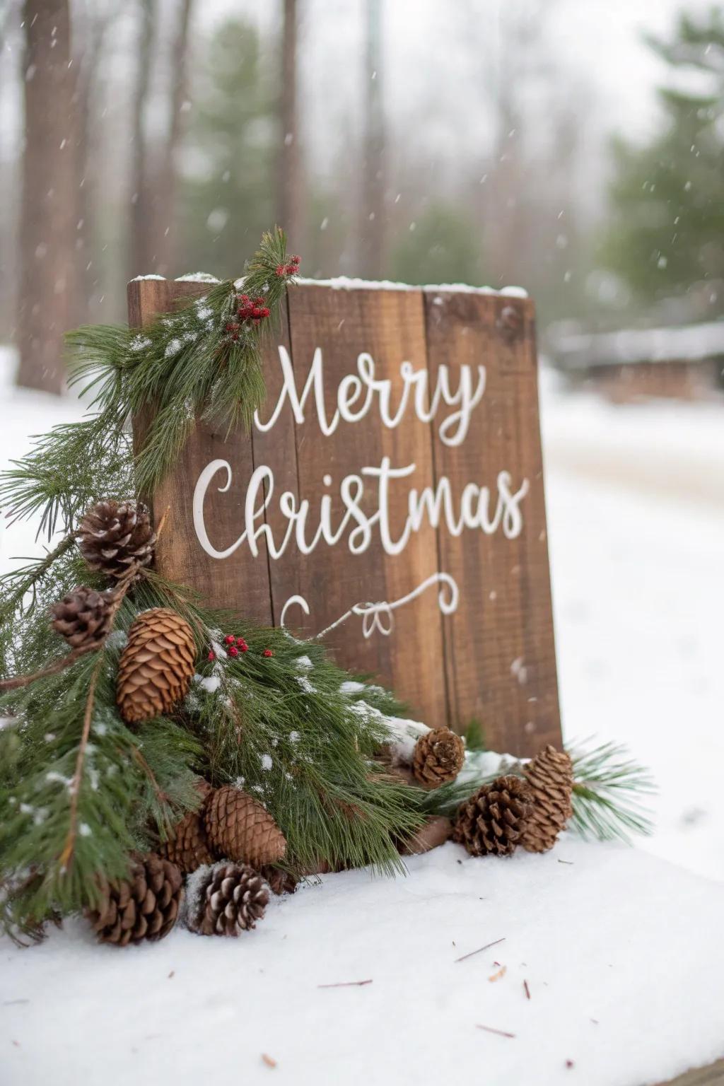 Impart pastoral allure with a timber 'Merry Christmas' notice.