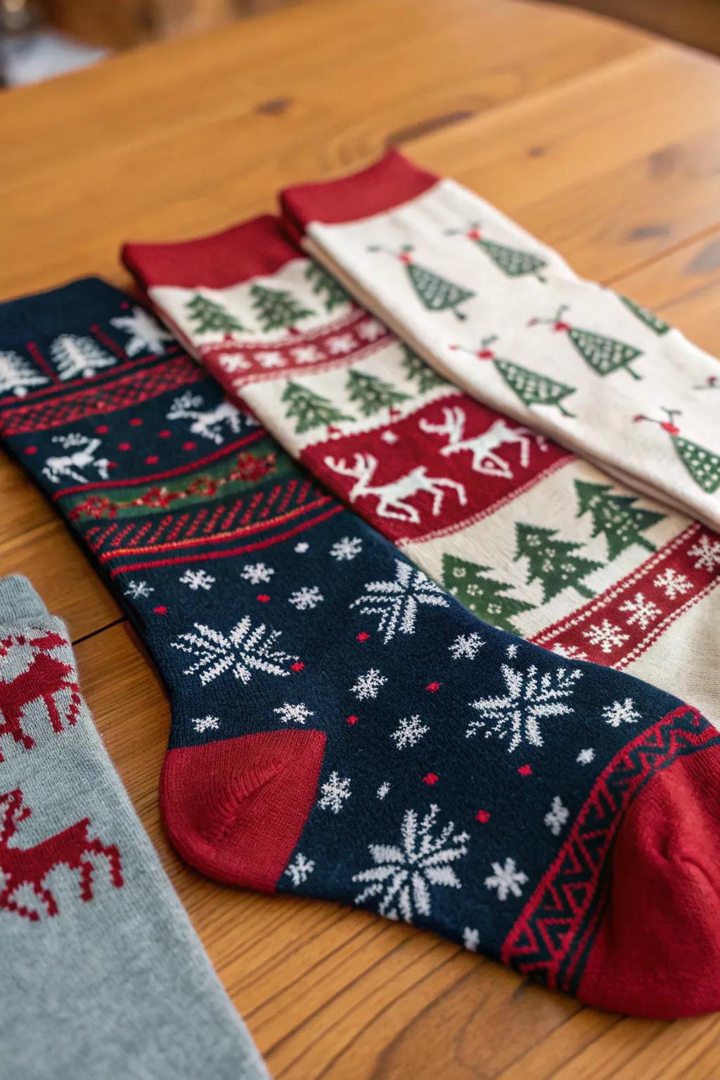 A vibrant collection of festive socks, poised for a delightful exchange.