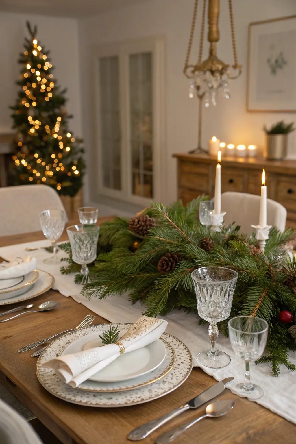 Evergreen branches take center stage in this celebratory table design.