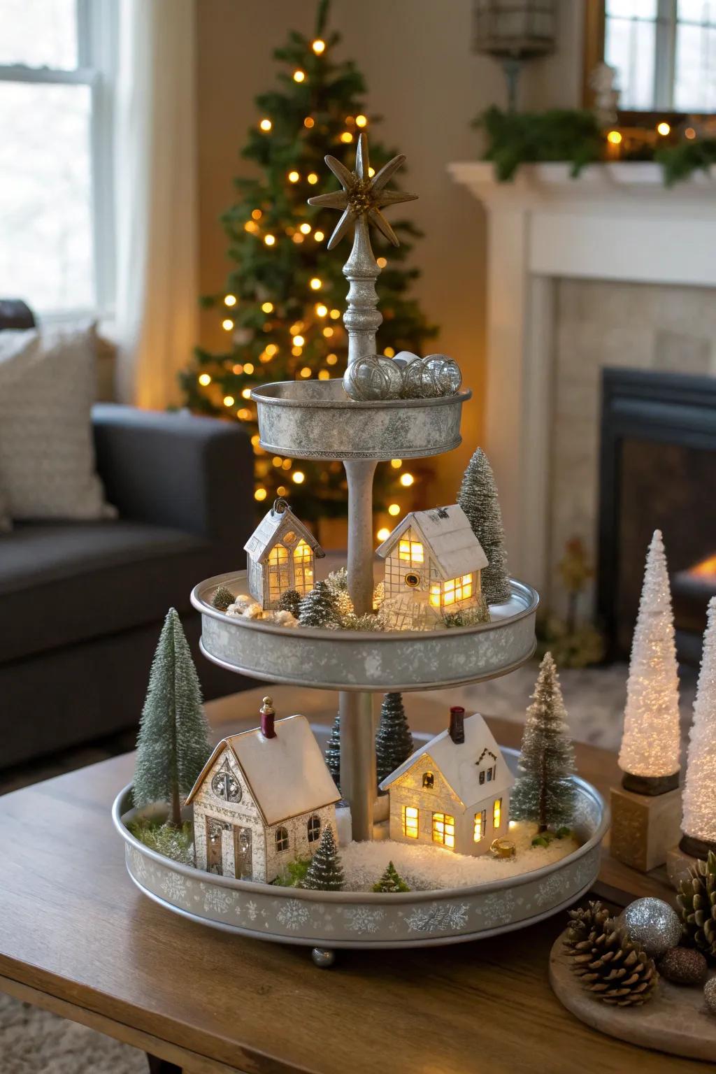 A captivating miniature Christmas town displayed on a multi-level stand.