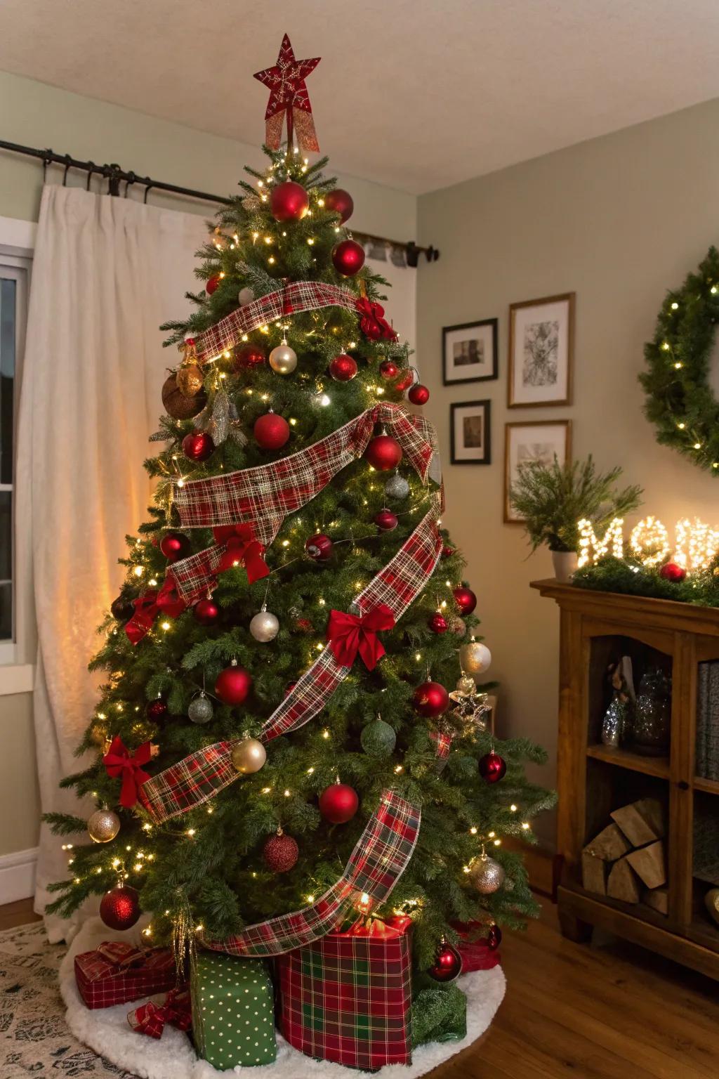 An ageless scarlet and emerald Christmas tree.