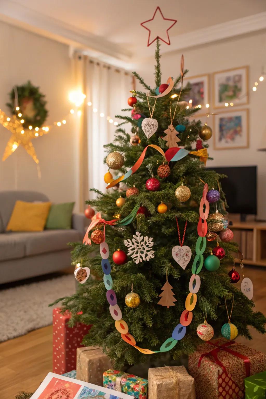 A Christmas tree overflowing with children's handcrafted decorations.