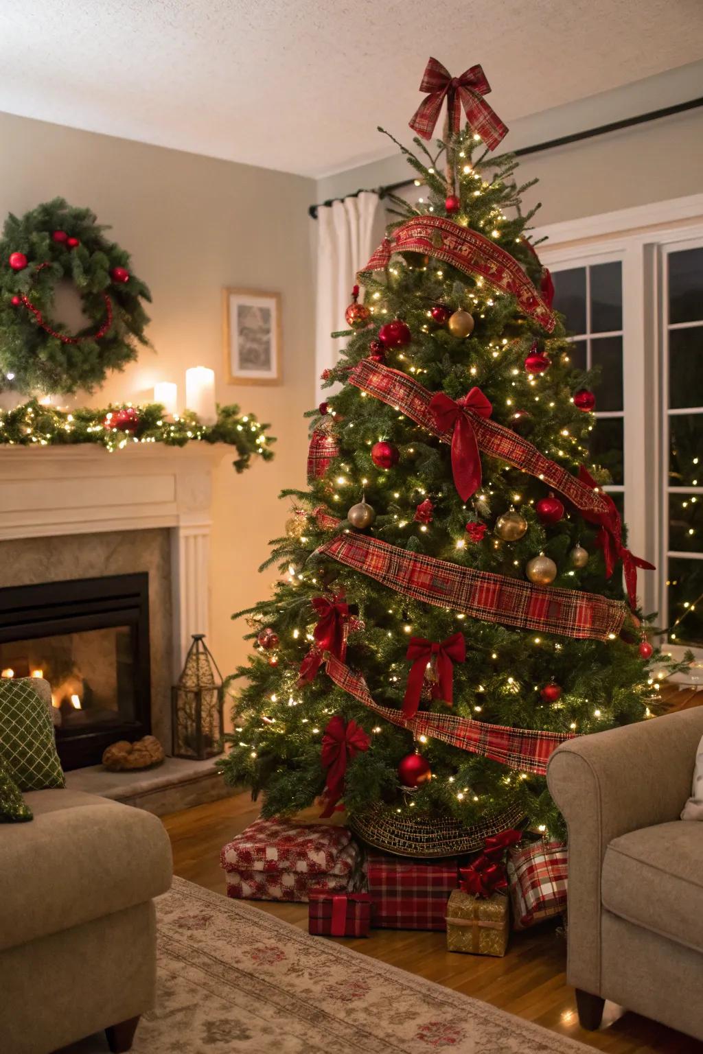 A classic crimson and verdant Christmas tree featuring checkered strips evokes enduring appeal.
