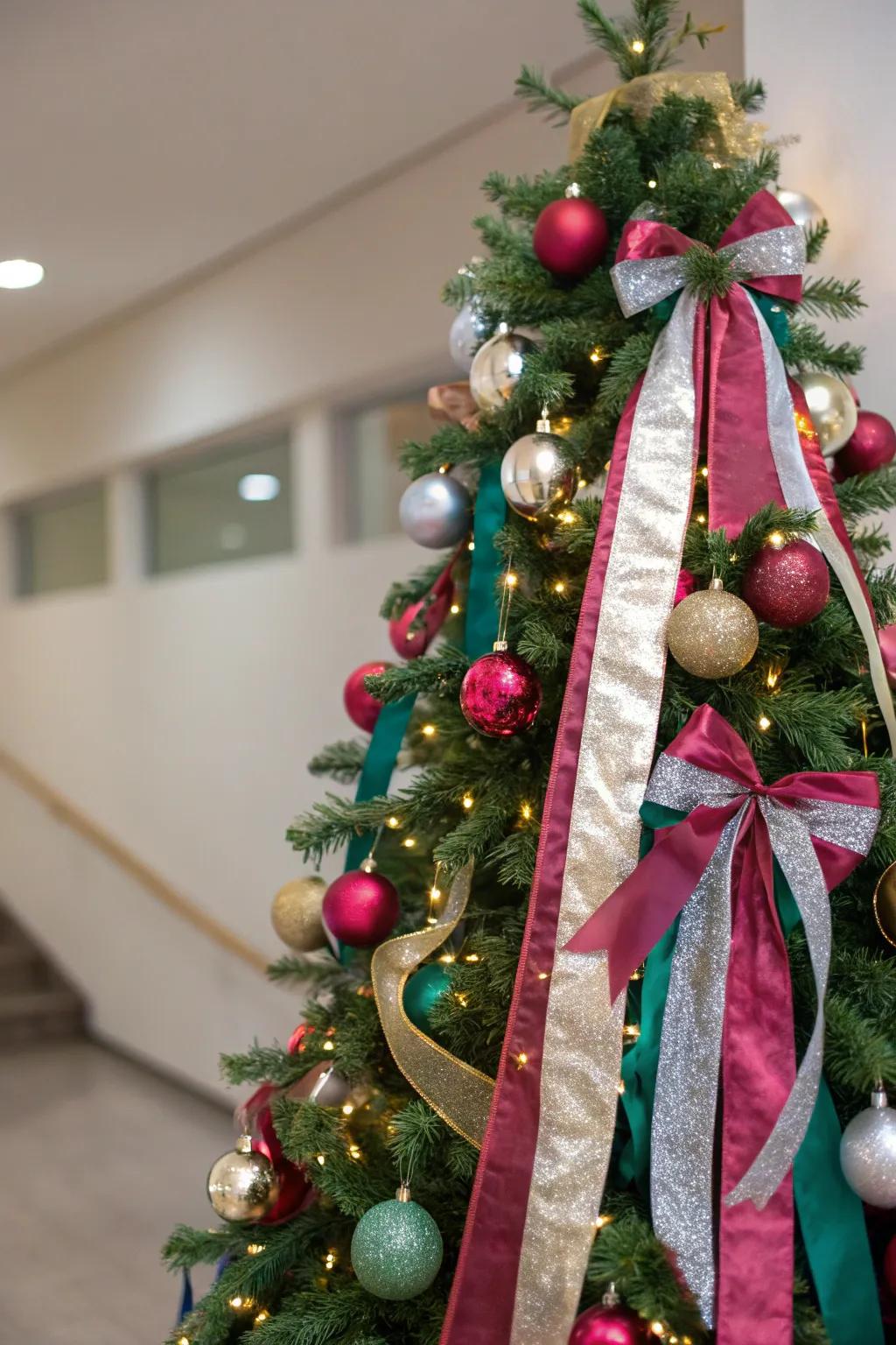 A Christmas tree adorned with silken and shimmering ribbons cascading downwards, achieving a sophisticated presentation.