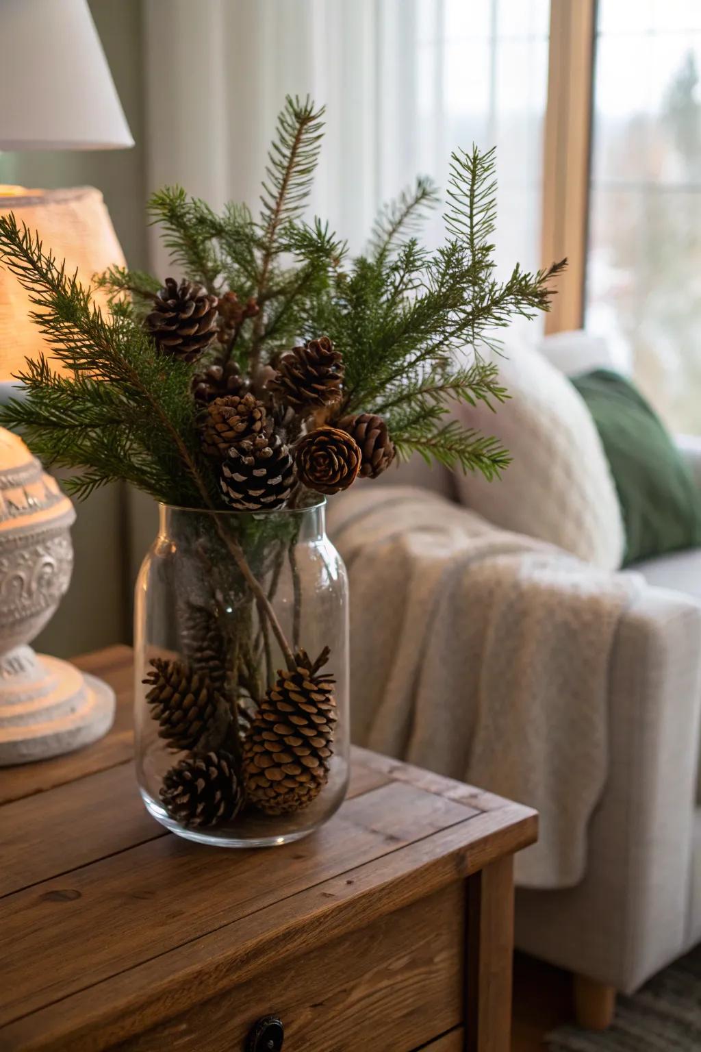 Organic elegance: evergreen cones and foliage conjure up a comfy holiday atmosphere.