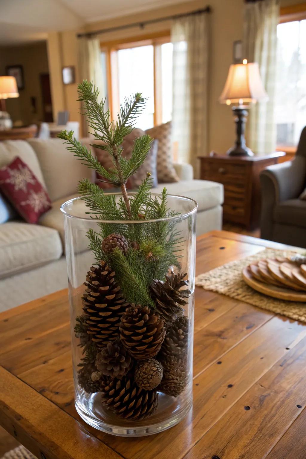 Welcome the outdoors inside with an acorn and evergreen vase.