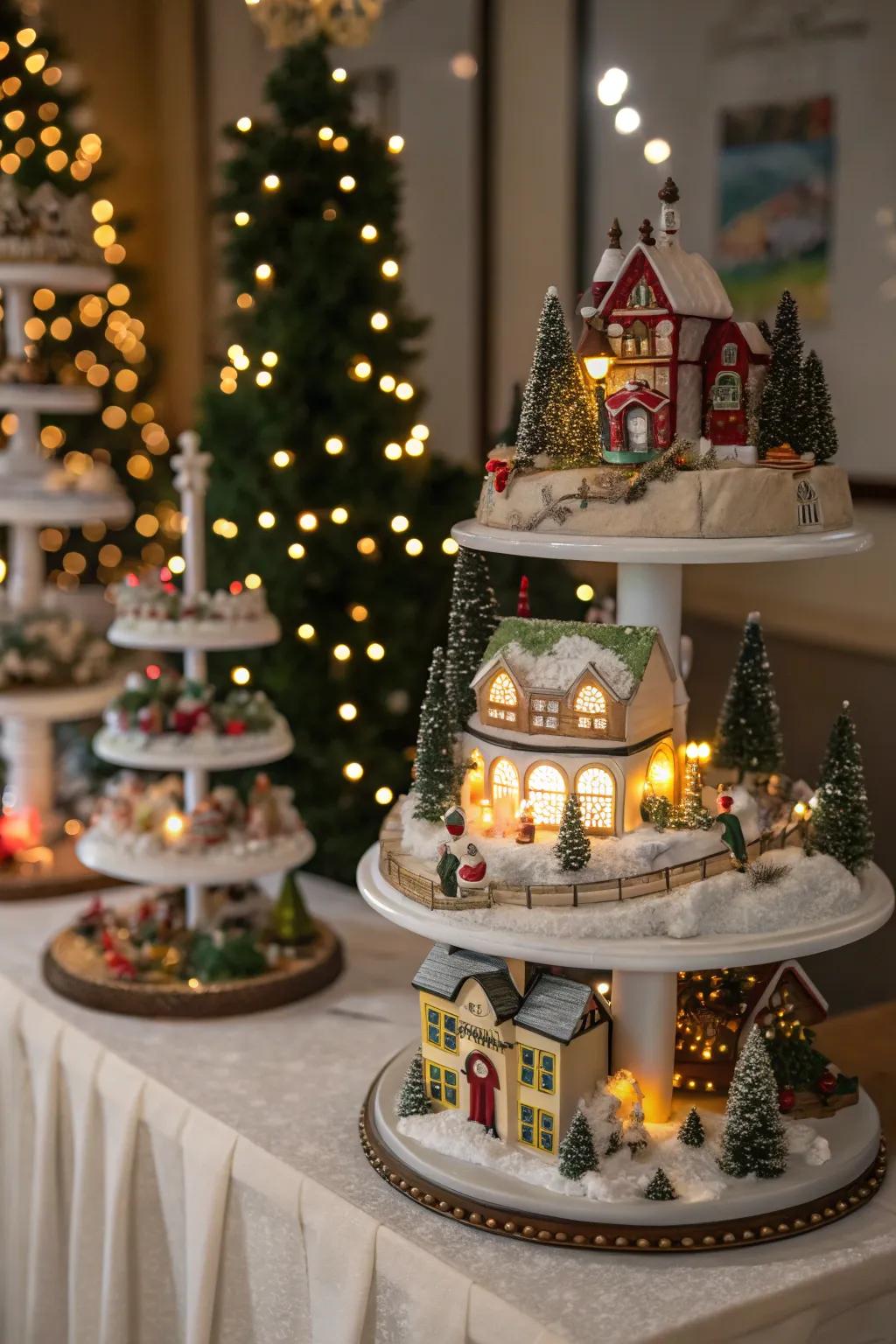 A Christmas village displayed across multiple levels using cake stands to enhance allure and dimension.