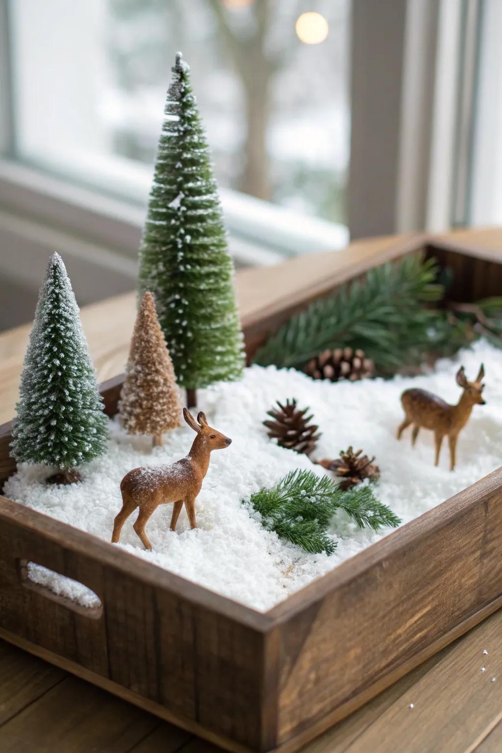 A mesmerizing miniature snow-clad vista showcased on a wooden base.