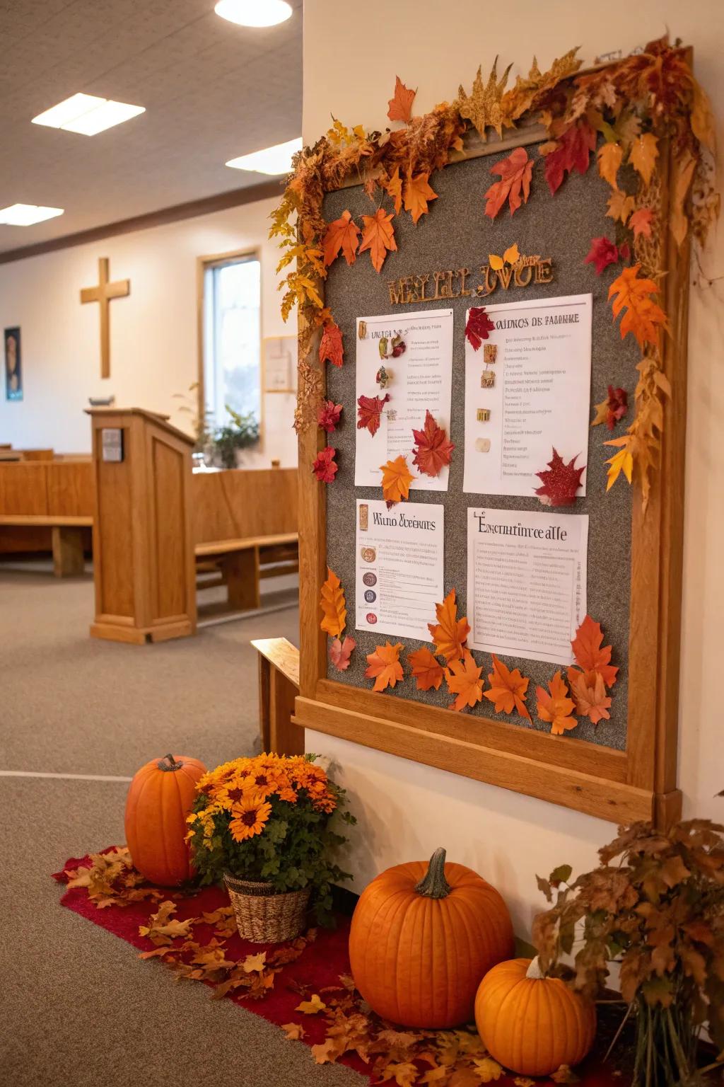 An autumn-inspired church bulletin board adorned with leaves and pumpkins.