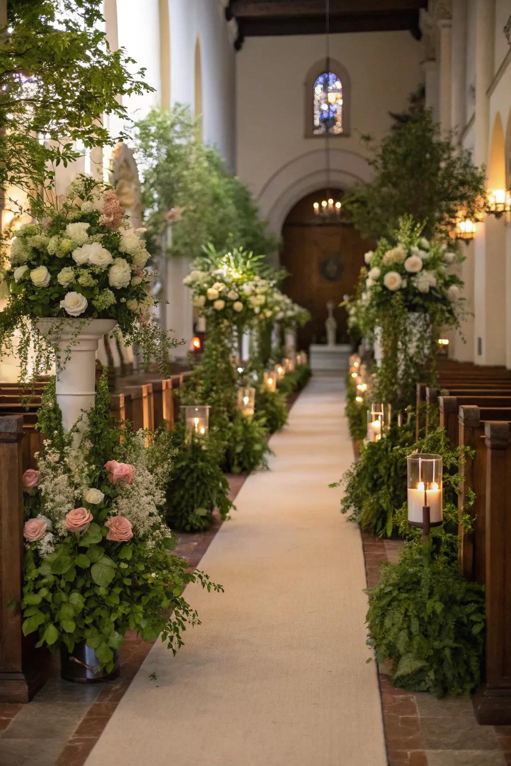 A church processional way beautifully adorned with refined floral arrangements and verdant foliage.