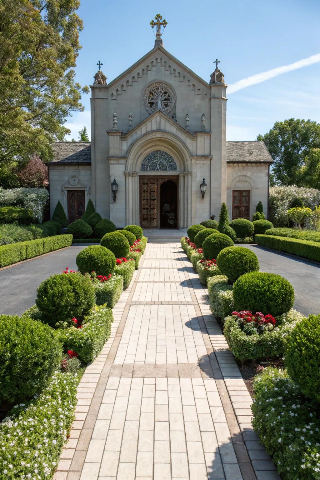 Symmetrical landscaping instills equilibrium and beauty at church entryways.