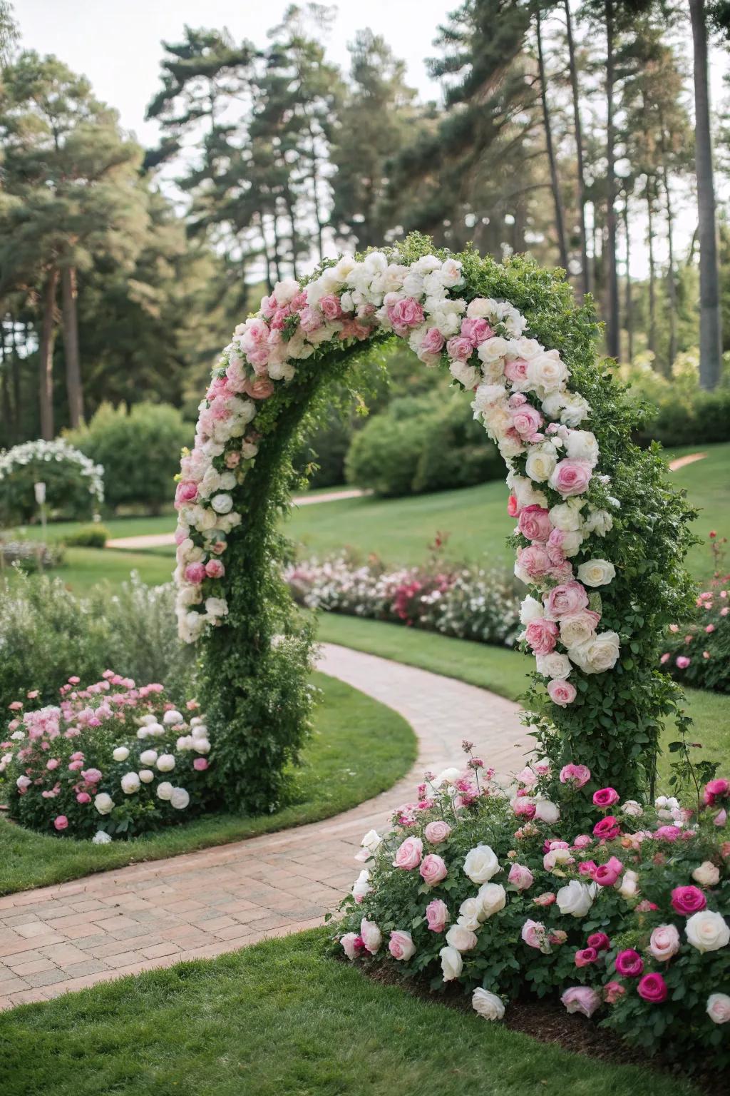 A captivating floral circle arch adorned with soft pink and white blooms in a serene garden setting.