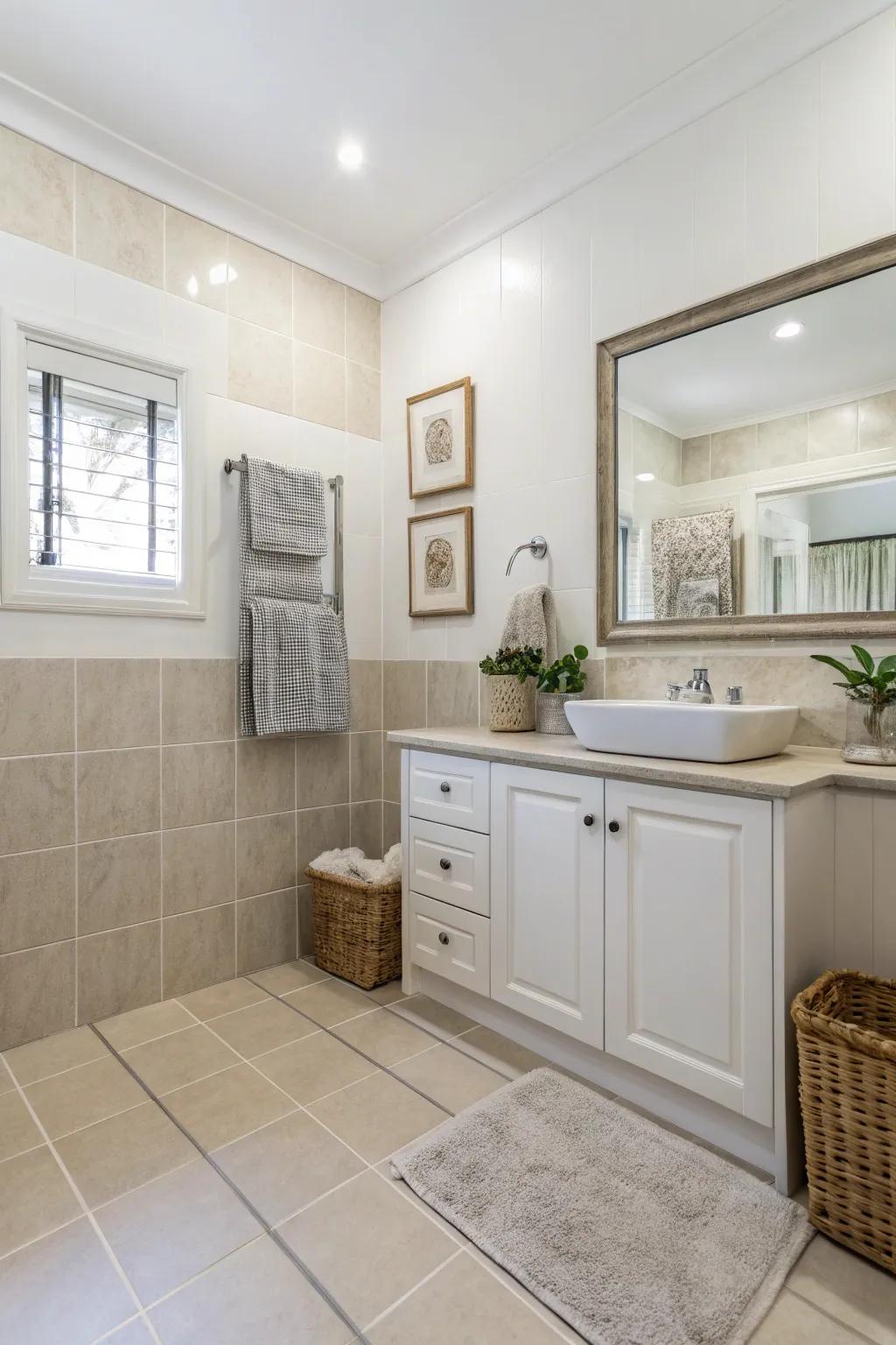 A bathroom fashioned with a neutral color palette for a timeless appearance.