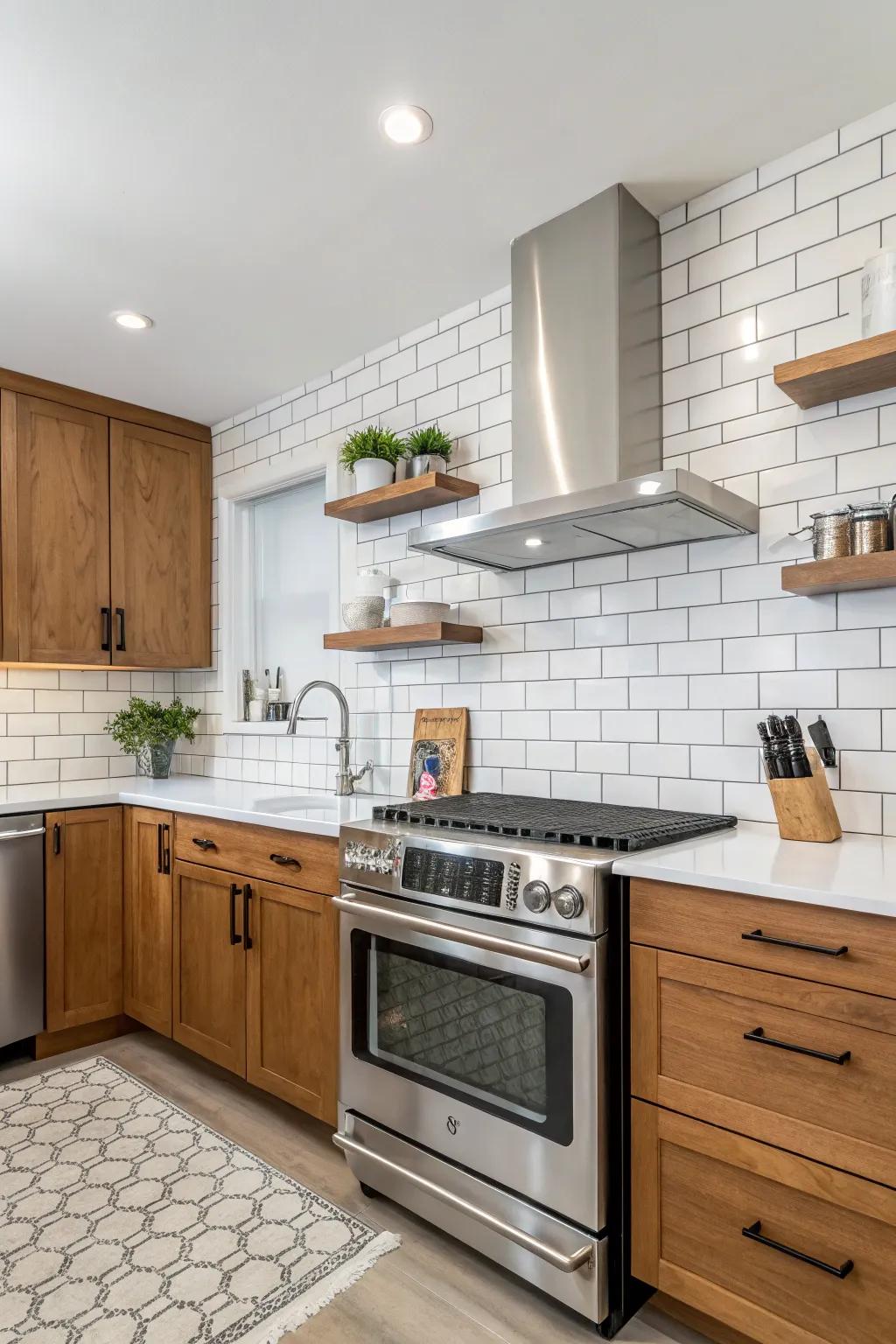 An ageless kitchen showcasing a traditional pristine rectangular tile backsplash.