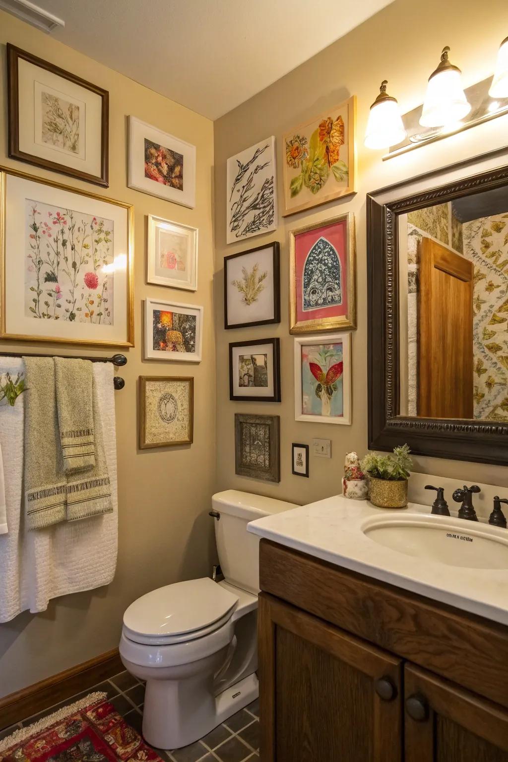 A bathroom featuring a diverse gallery wall of art styles and frame designs.