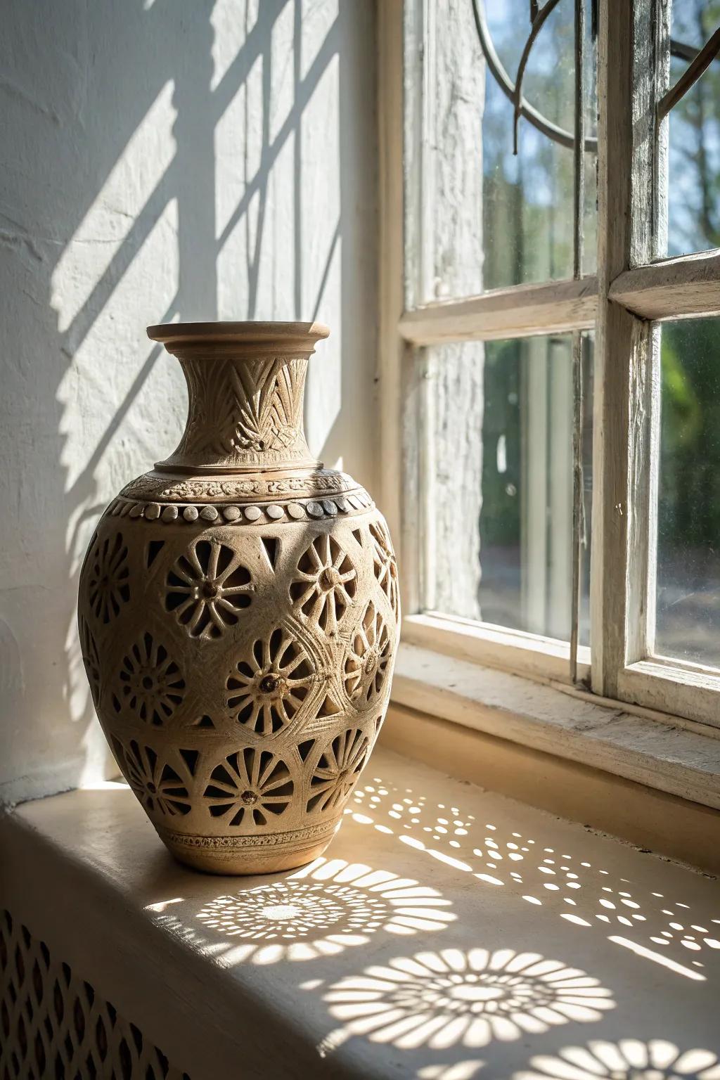 An earthenware vase with complex cutout designs crafting stunning shadow art.