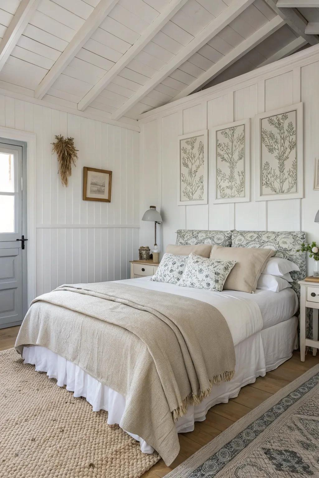 A bedroom showcases a neutral color scheme for a calm mood.
