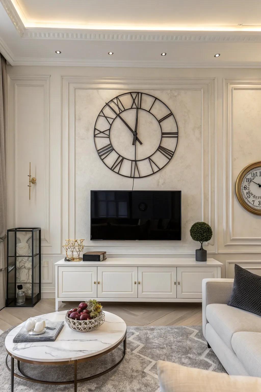 An eye-catching, large wall clock commanding attention above the TV in a simple setting.