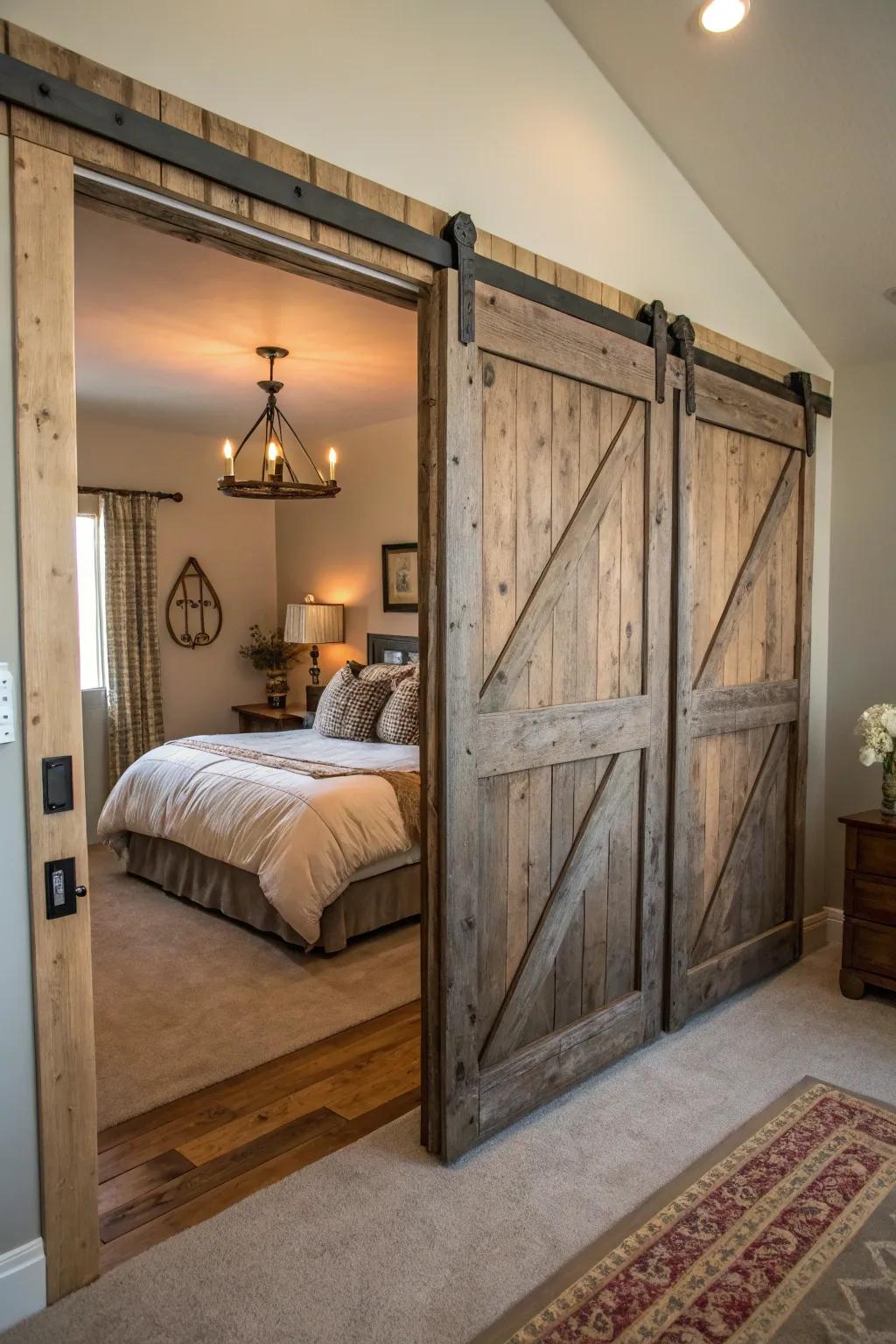 Barn-style sliding doors introduce both rustic charm and practical function.