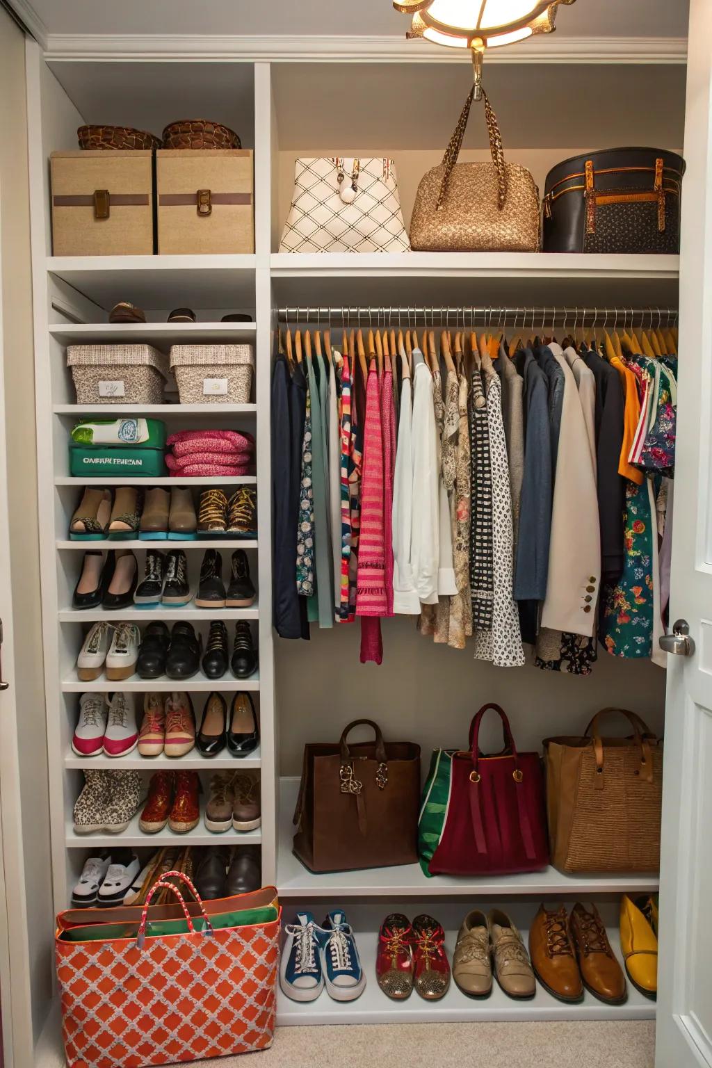 Harness the power of verticality with additional shelves to free up valuable closet real estate.