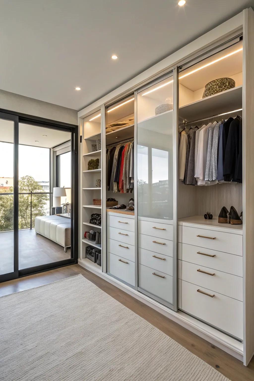 A specially designed closet showcases an integrated dresser, achieving a seamless aesthetic.